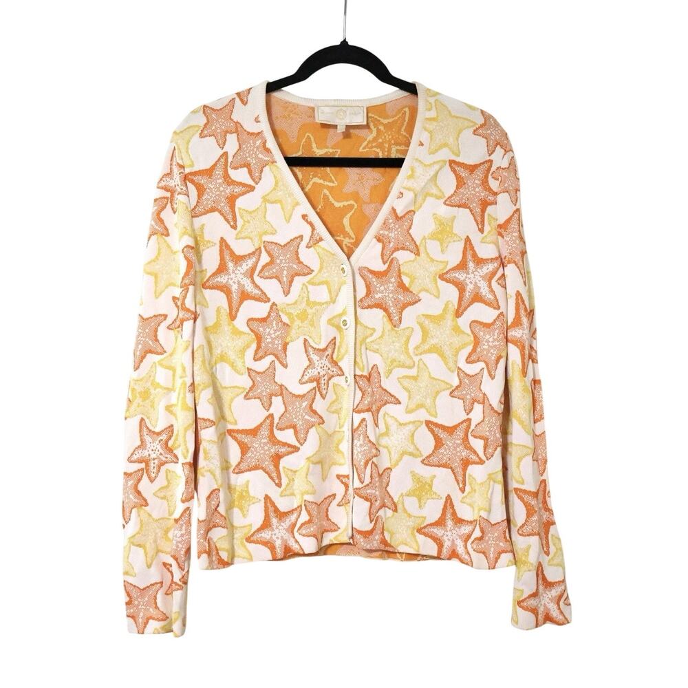 Vintage St. John Sport Orange Yellow Starfish Knit Cardigan Sweater L Novelty